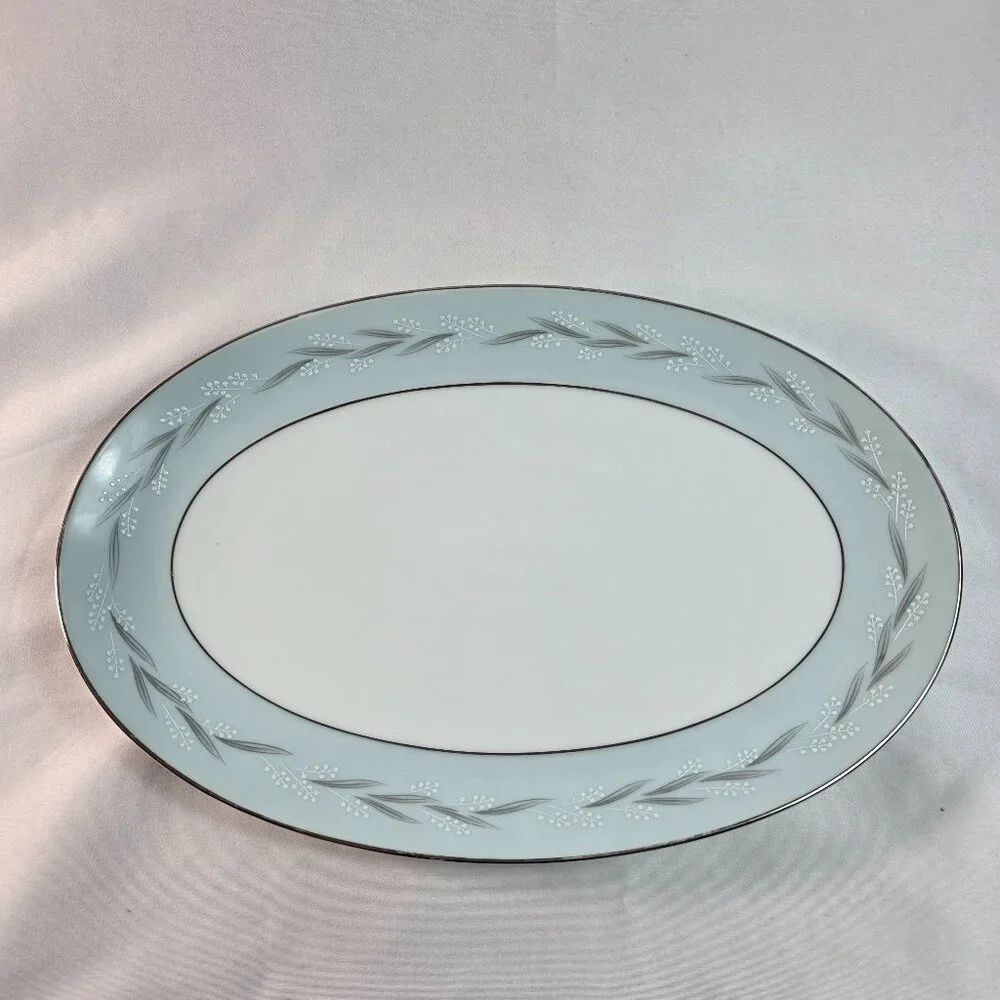 Noritake Sheldon Serving Platter 12 Inch White with Aqua Band and White Flowers